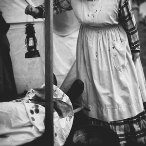 Woman in hospital tent